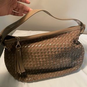 Cole Haan Woven Heritage Weave Leather Handbag Patent Leather / Suede Hobo Taupe